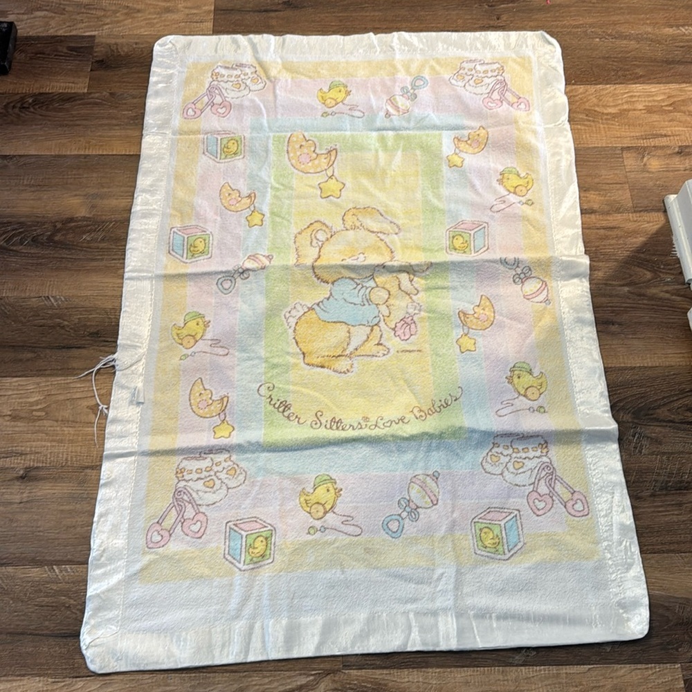 Vintage 1980s Critter Sitters Lives Babies - Baby Blanket with bunny white trim
